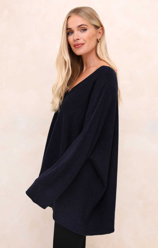 Navy V Neck Oversized Relaxed Fit Long Sleeve Jumper - Hailey