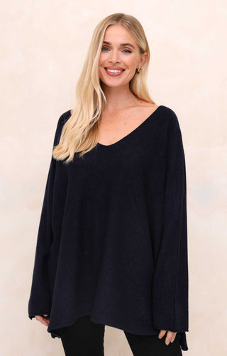 Navy V Neck Oversized Relaxed Fit Long Sleeve Jumper - Hailey