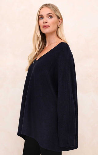 Navy V Neck Oversized Relaxed Fit Long Sleeve Jumper - Hailey