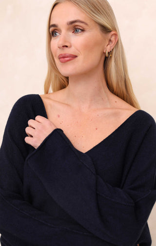 Navy V Neck Oversized Relaxed Fit Long Sleeve Jumper - Hailey