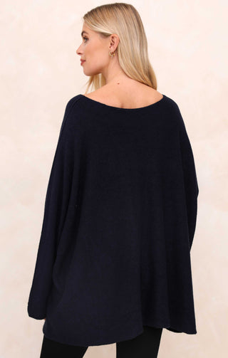 Navy V Neck Oversized Relaxed Fit Long Sleeve Jumper - Hailey
