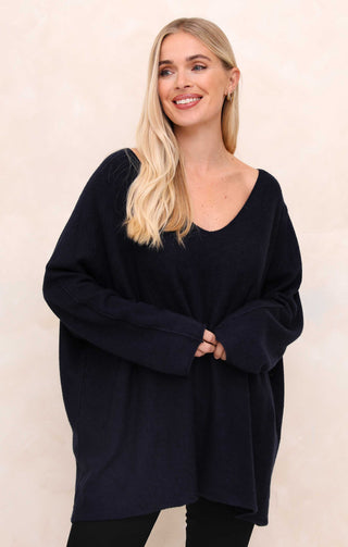 Navy V Neck Oversized Relaxed Fit Long Sleeve Jumper - Hailey