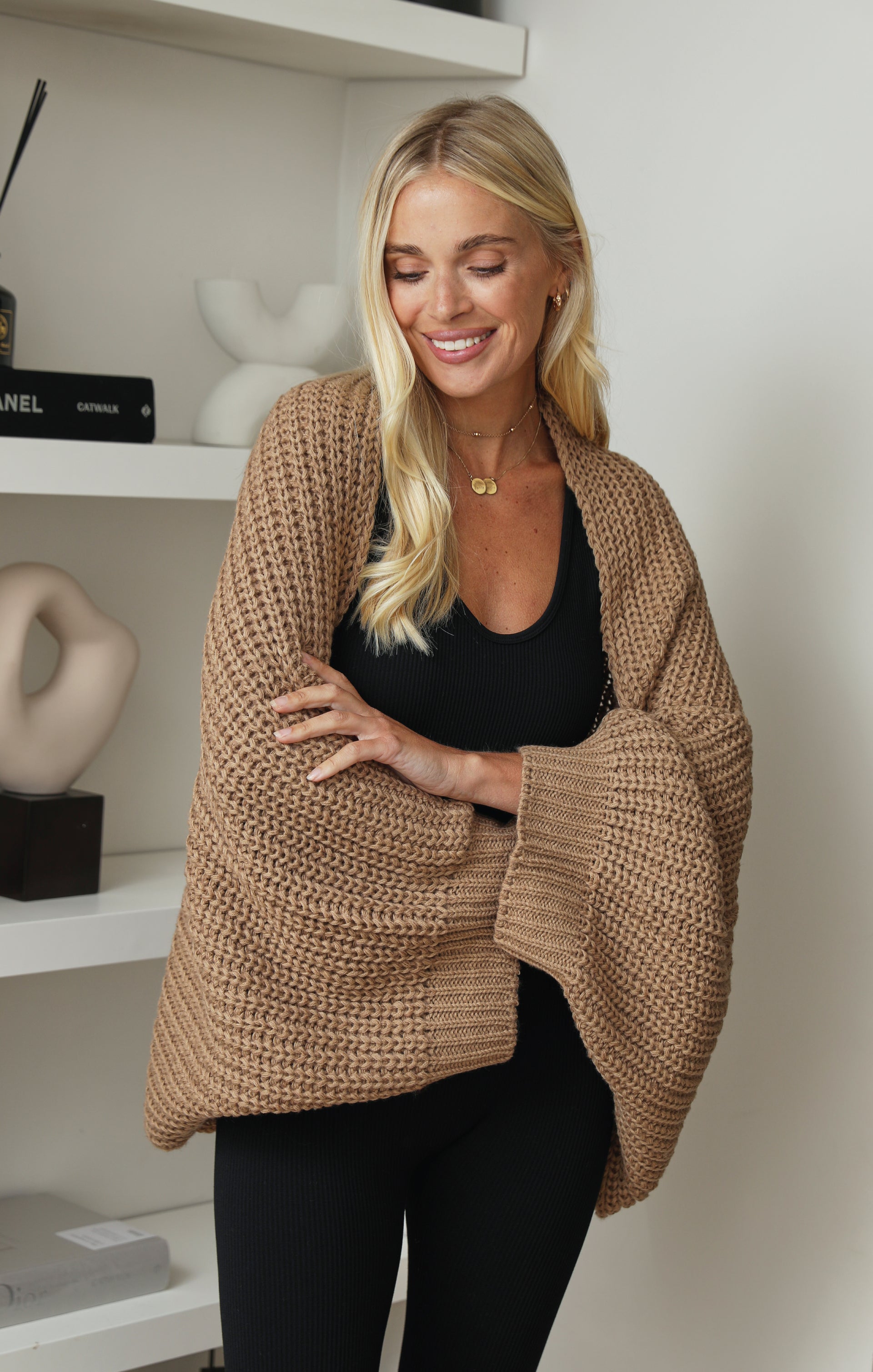 Ladies Mocha Soft Chunky Knit Relaxed Fit Rib Cuff Shrug - Abigail - Nova Notte