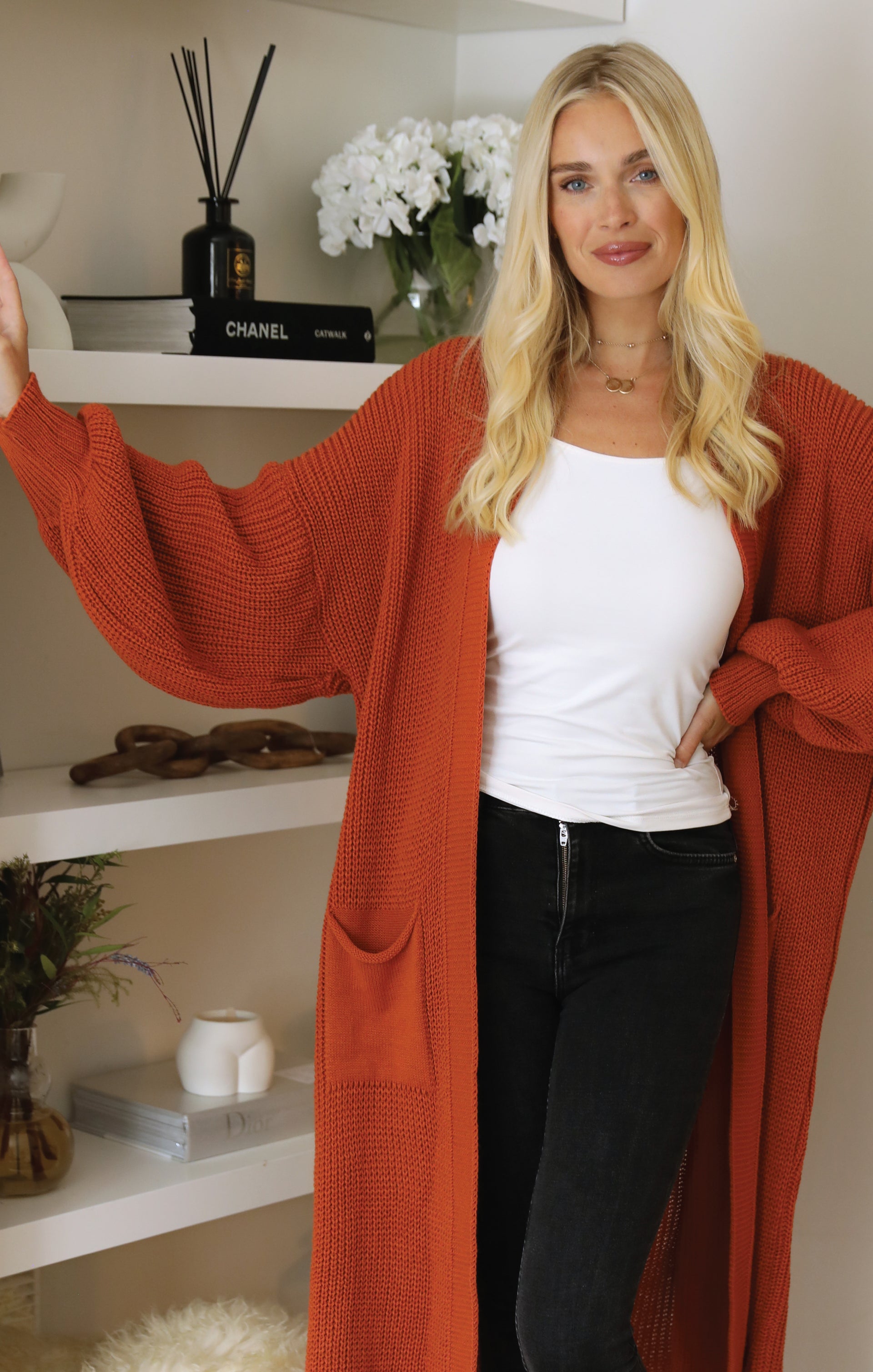 Ladies Rust Balloon Sleeve Oversized Drape Chunky Knitted Cardigan - Olivia - Nove Notte