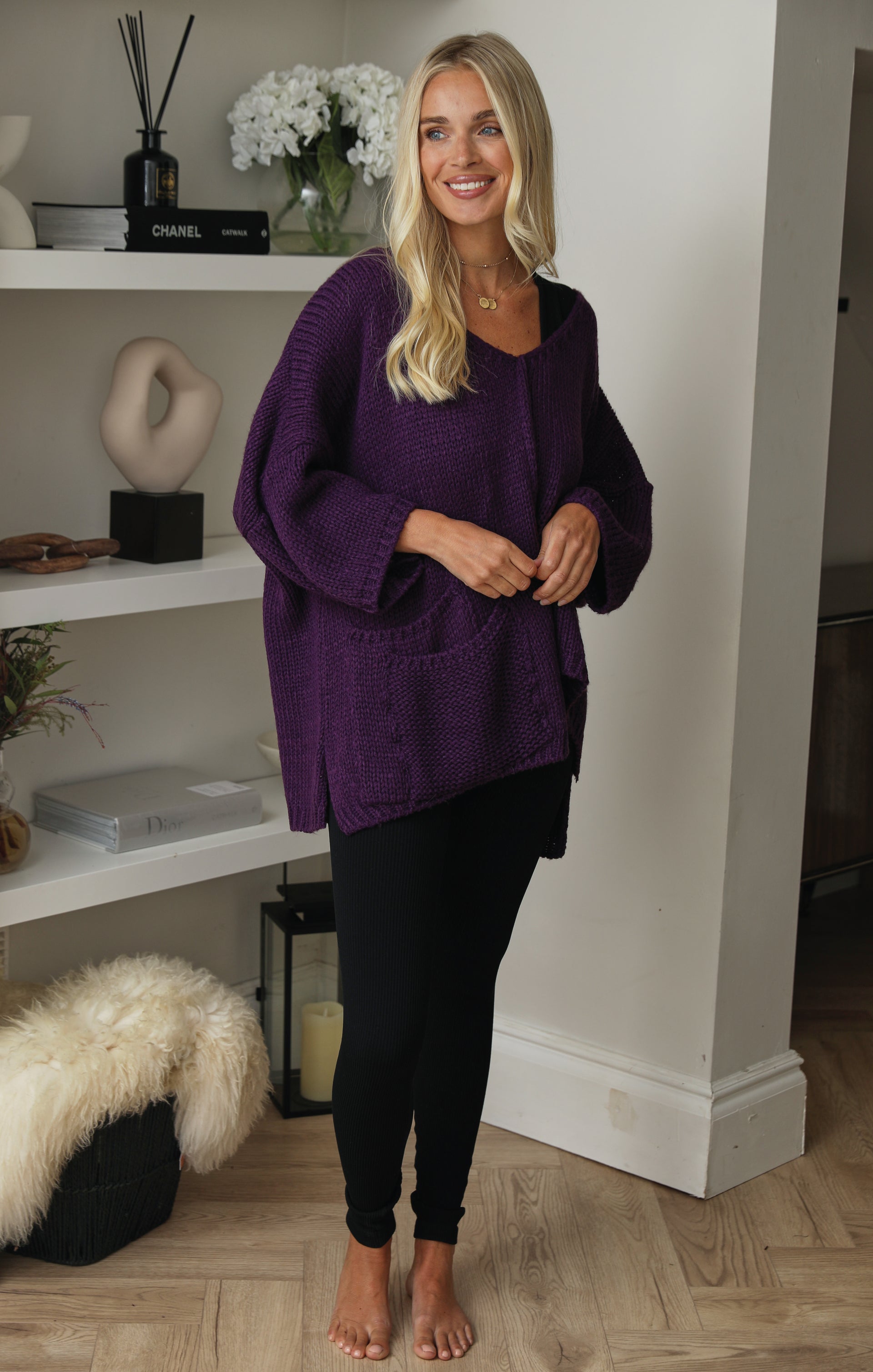 Ladies Plum V Neck Relaxed Fit Front Seam Pocket Detail Jumper - Mila - Nova Notte