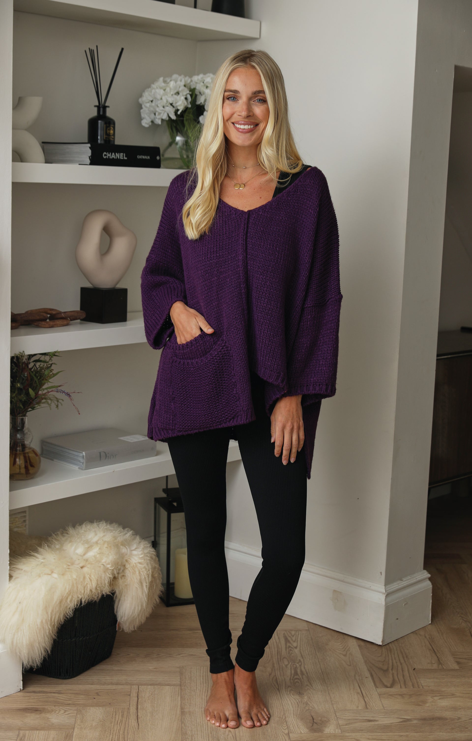 Ladies Plum V Neck Relaxed Fit Front Seam Pocket Detail Jumper - Mila - Nova Notte