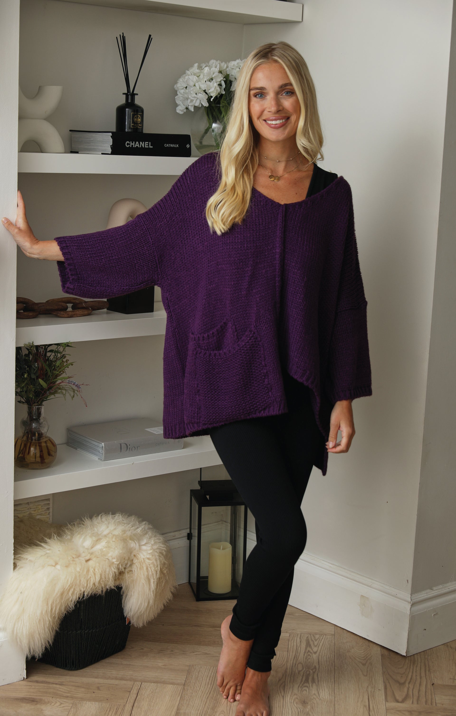 Ladies Plum V Neck Relaxed Fit Front Seam Pocket Detail Jumper - Mila - Nova Notte