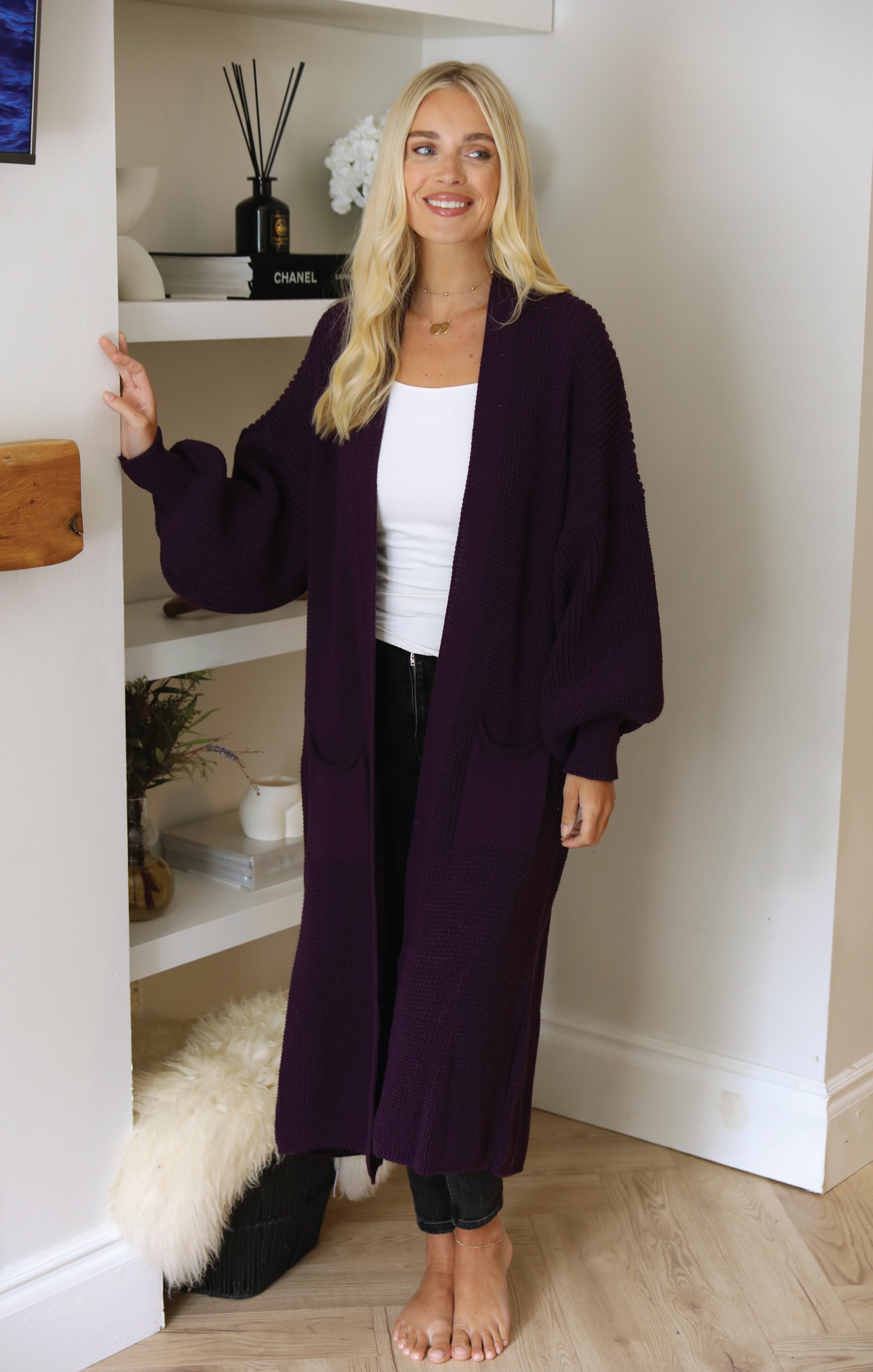 Ladies Purple Balloon Sleeve Oversized Drape Chunky Knitted Cardigan - Olivia - Nova Notte