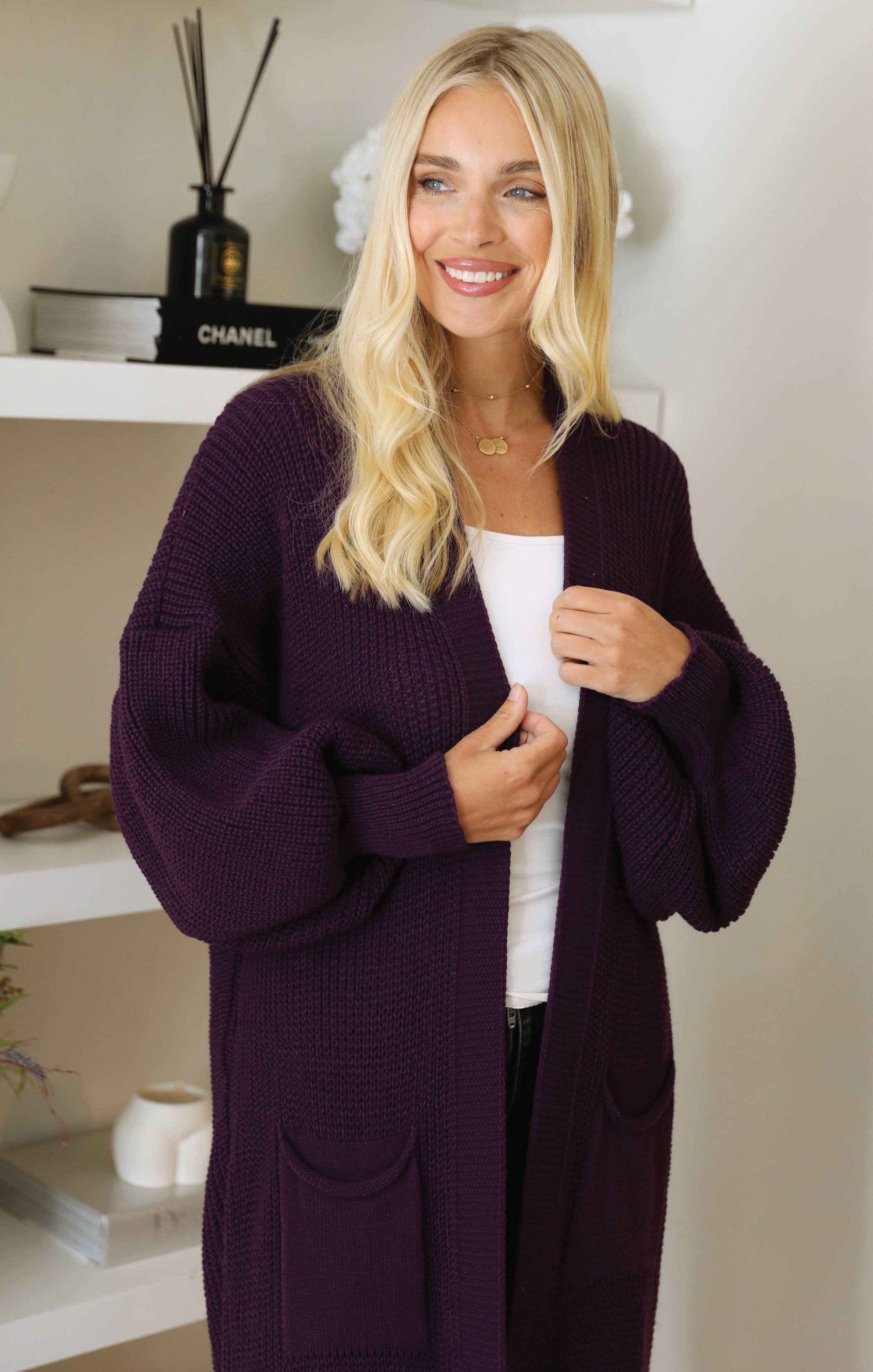 Purple Balloon Sleeve Oversized Drape Chunky Knitted Cardigan Olivia