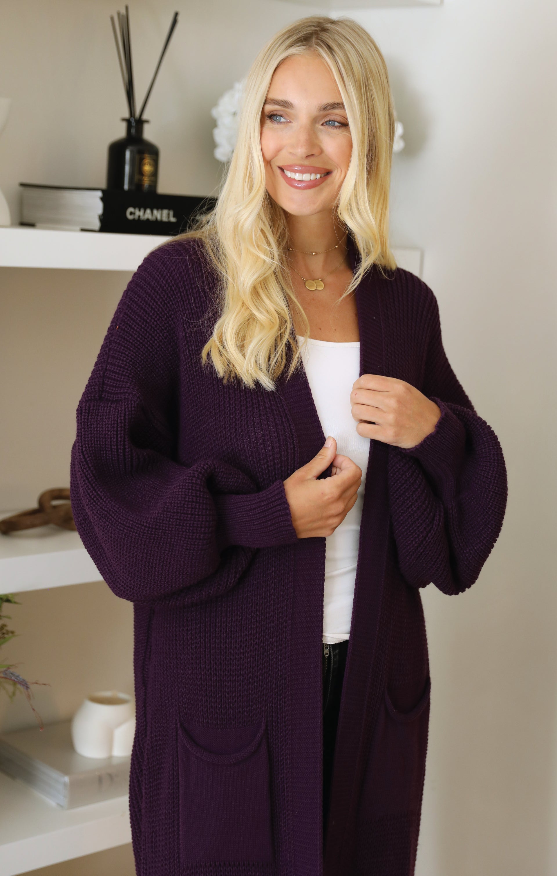 Ladies Purple Balloon Sleeve Oversized Drape Chunky Knitted Cardigan - Olivia - Nova Notte