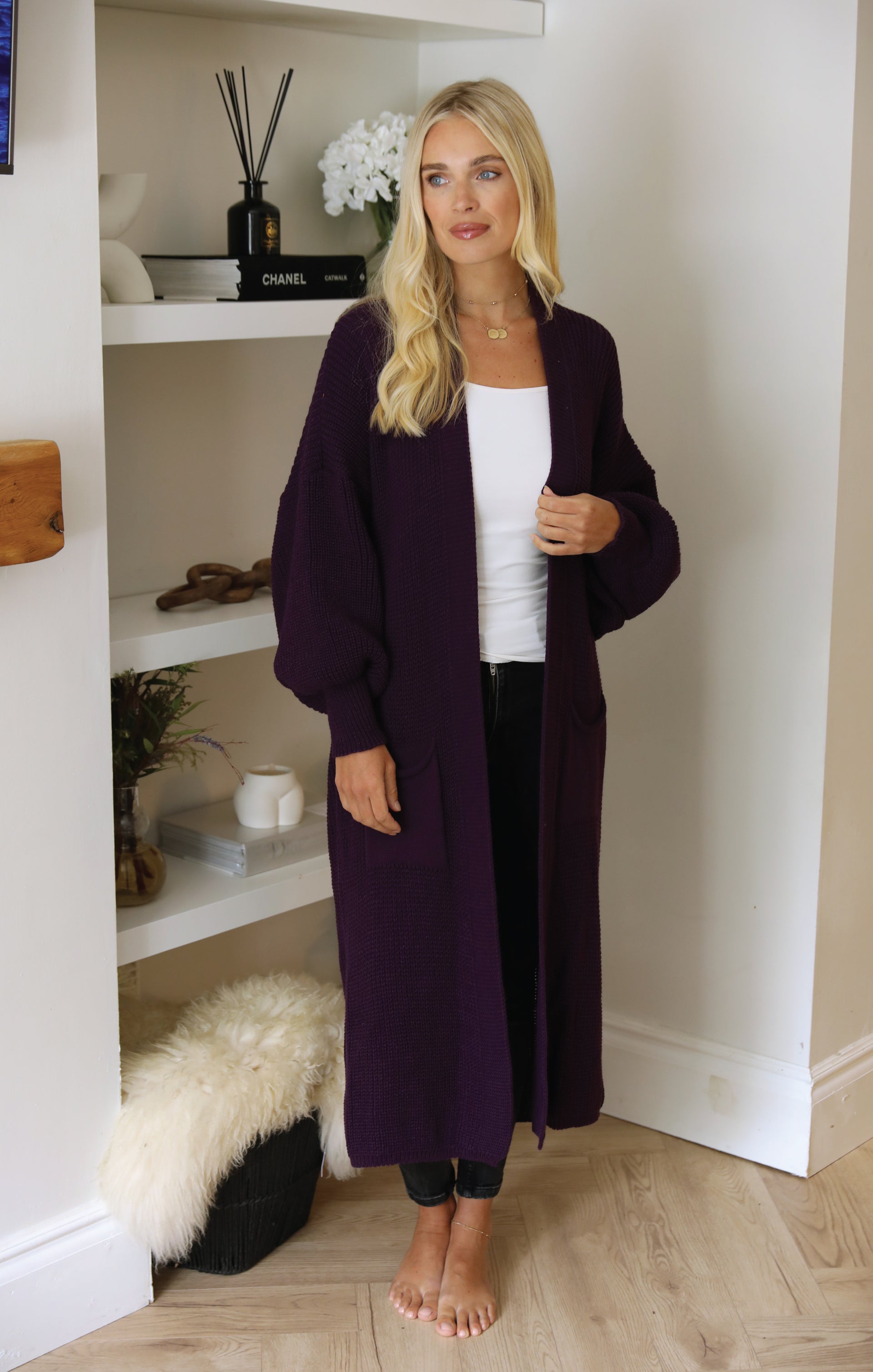 Ladies Purple Balloon Sleeve Oversized Drape Chunky Knitted Cardigan - Olivia - Nova Notte