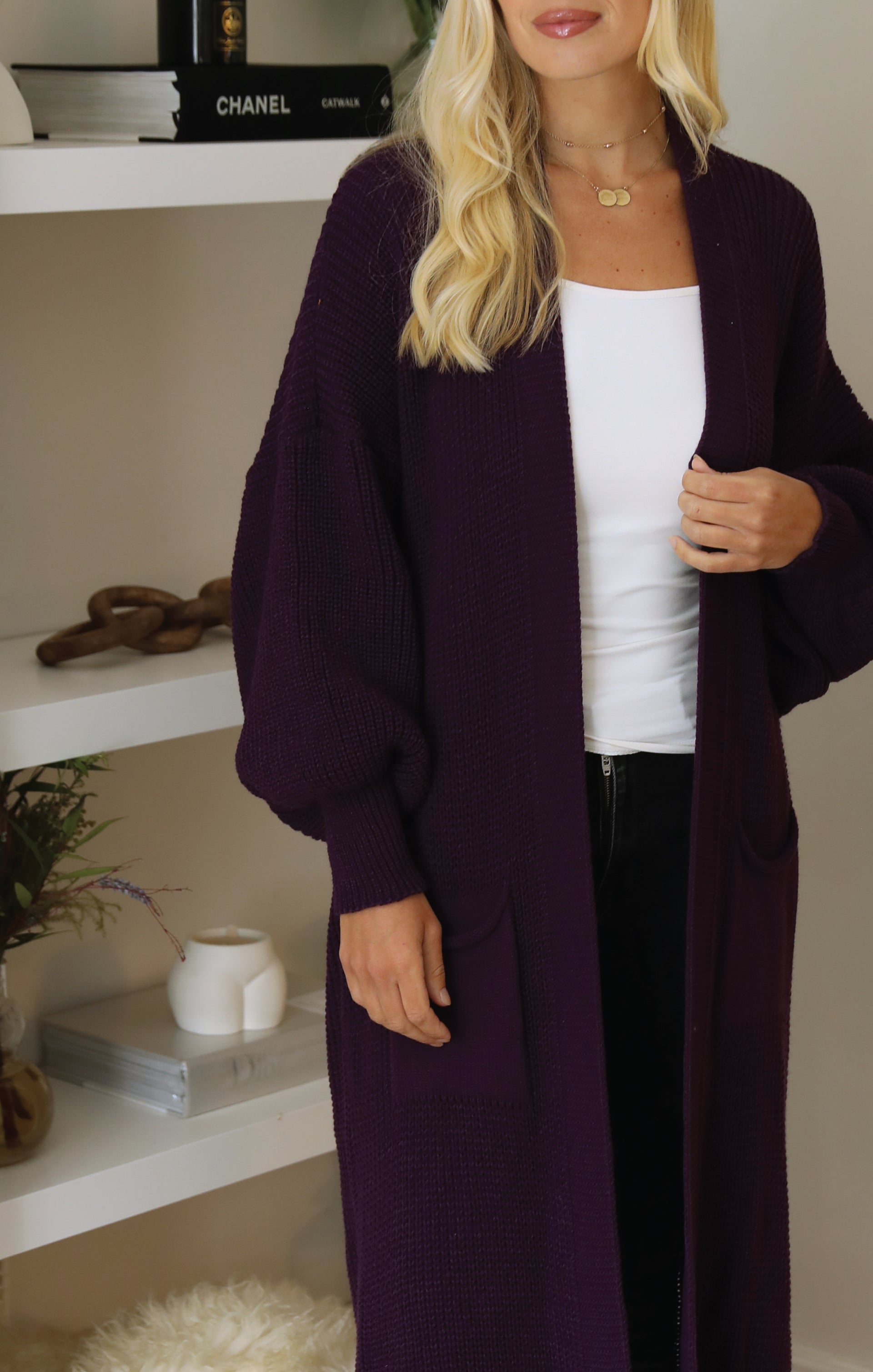 Ladies Purple Balloon Sleeve Oversized Drape Chunky Knitted Cardigan - Olivia - Nova Notte