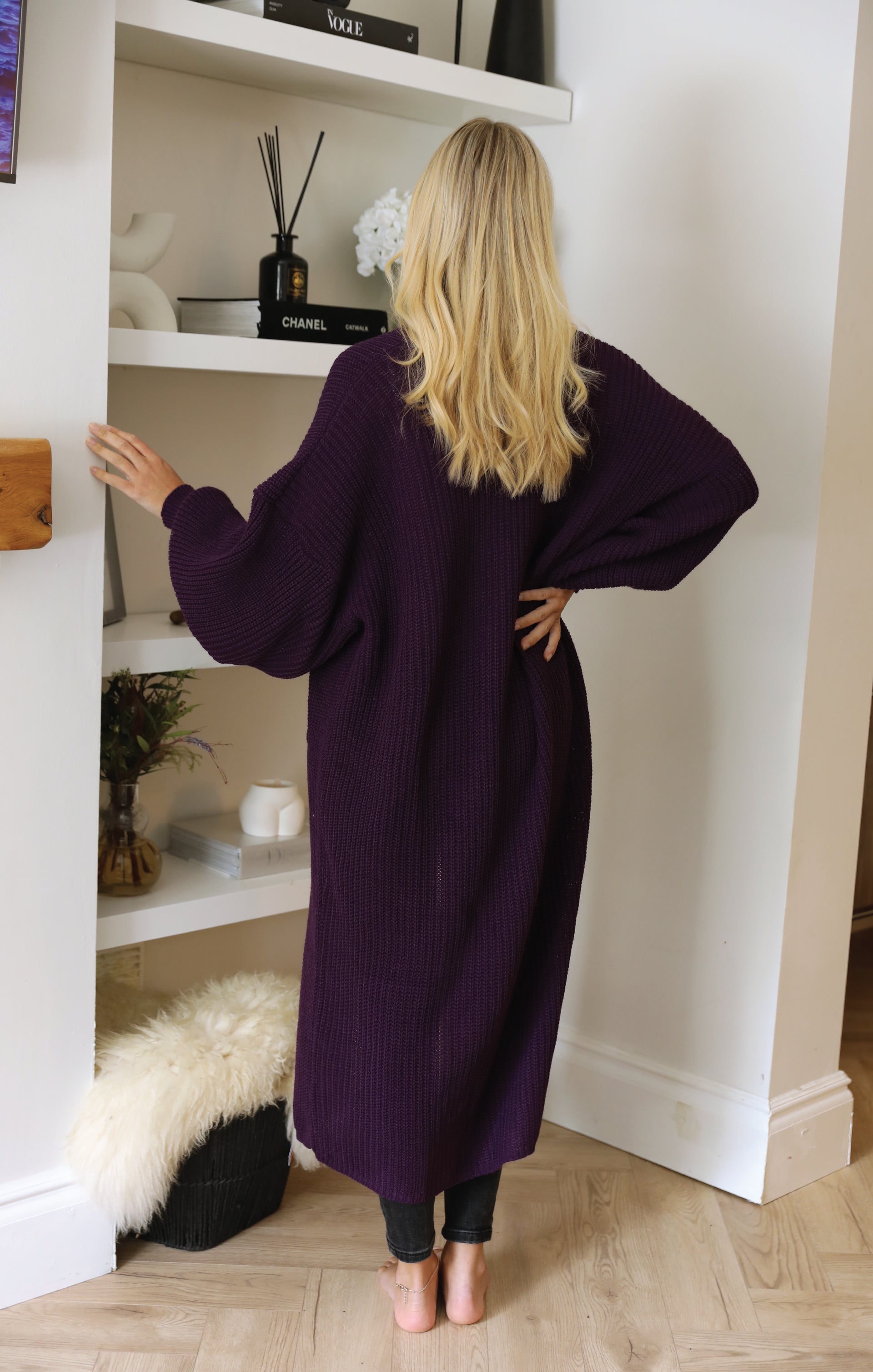 Ladies Purple Balloon Sleeve Oversized Drape Chunky Knitted Cardigan - Olivia - Nova Notte