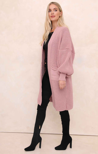 Dusky Pink Balloon Sleeve Oversized Drape Chunky Knitted Cardigan - Olivia