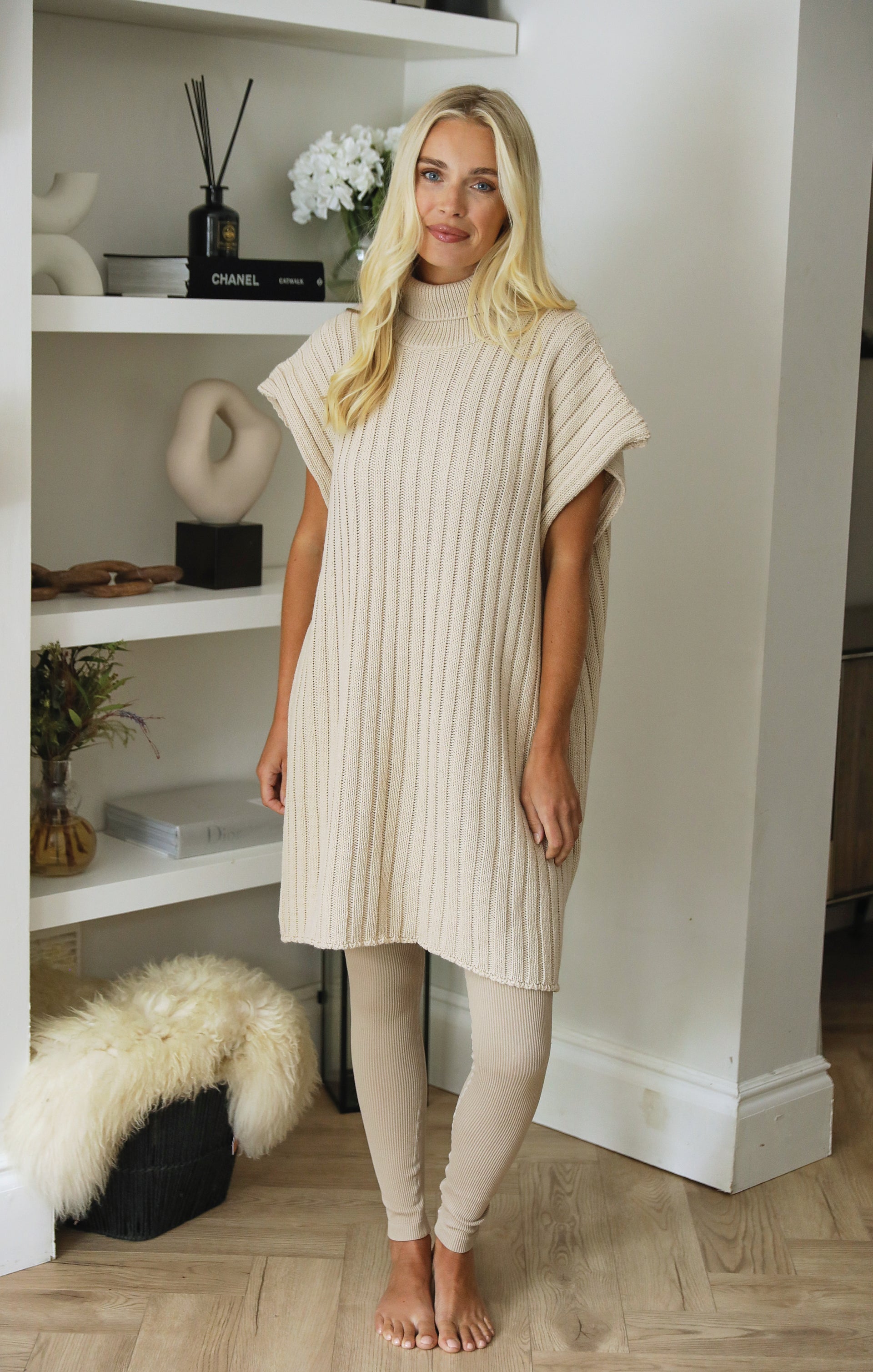 Ladies Pale Sand Polo Neck with Rib Detail Longerline Jumper/Dress - Camila - Nova Notte