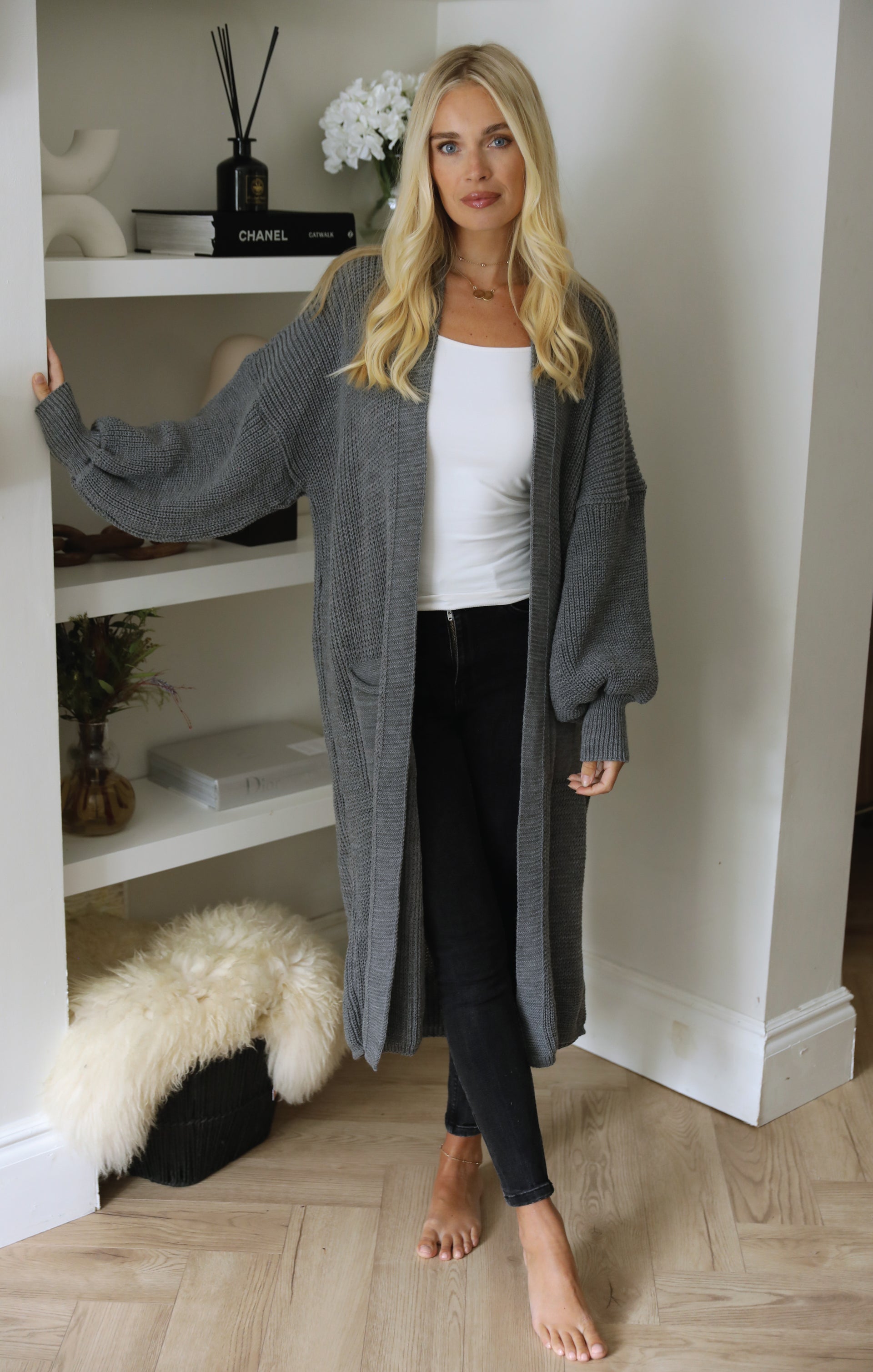 Ladies Slate Balloon Sleeve Oversized Drape Chunky Knitted Cardigan - Olivia - Nova Notte