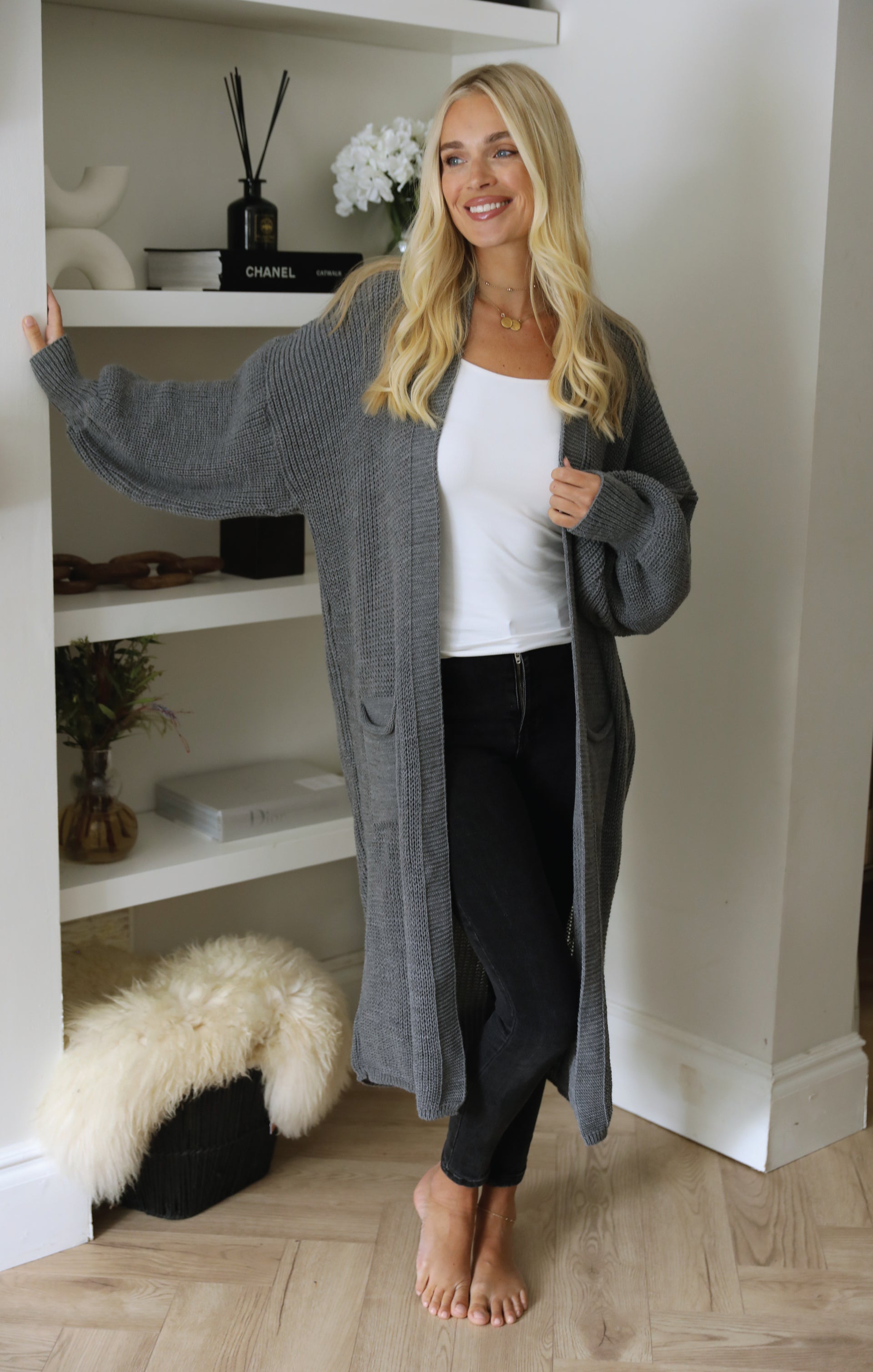 Ladies Slate Balloon Sleeve Oversized Drape Chunky Knitted Cardigan - Olivia - Nova Notte