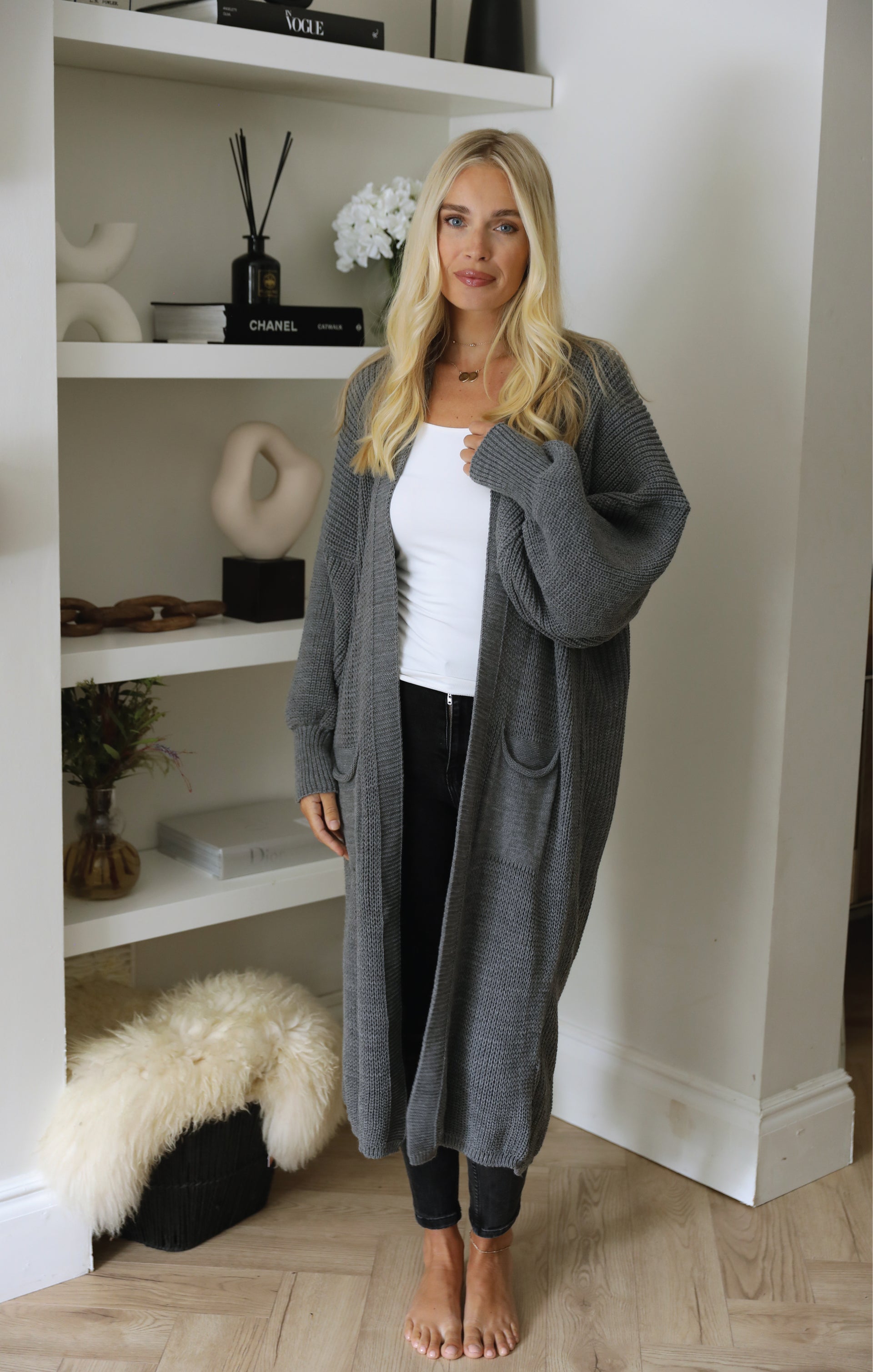 Ladies Slate Balloon Sleeve Oversized Drape Chunky Knitted Cardigan - Olivia - Nova Notte