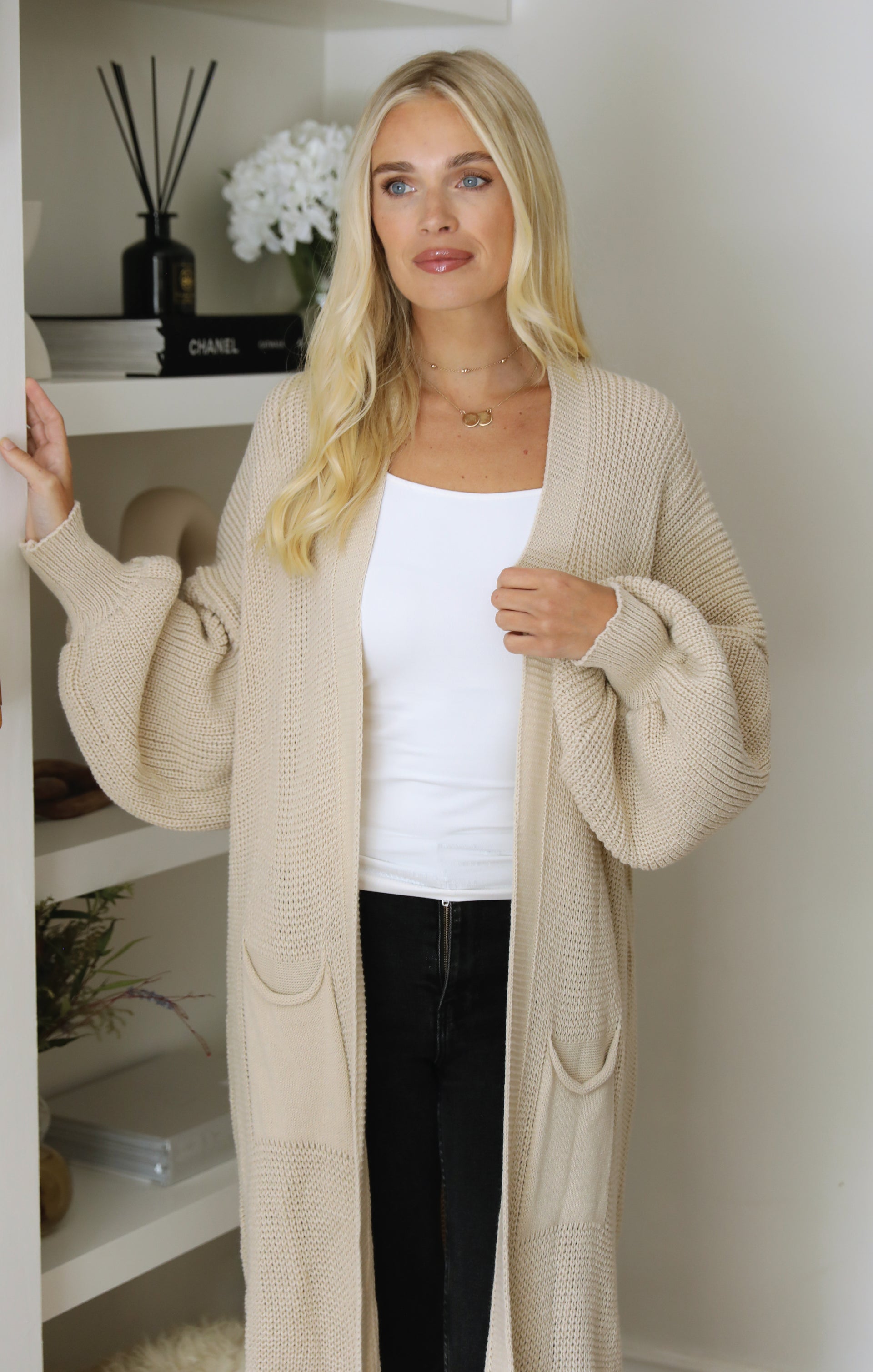 Ladies Stone Balloon Sleeve Oversized Drape Chunky Knitted Cardigan - Olivia - Nova Notte