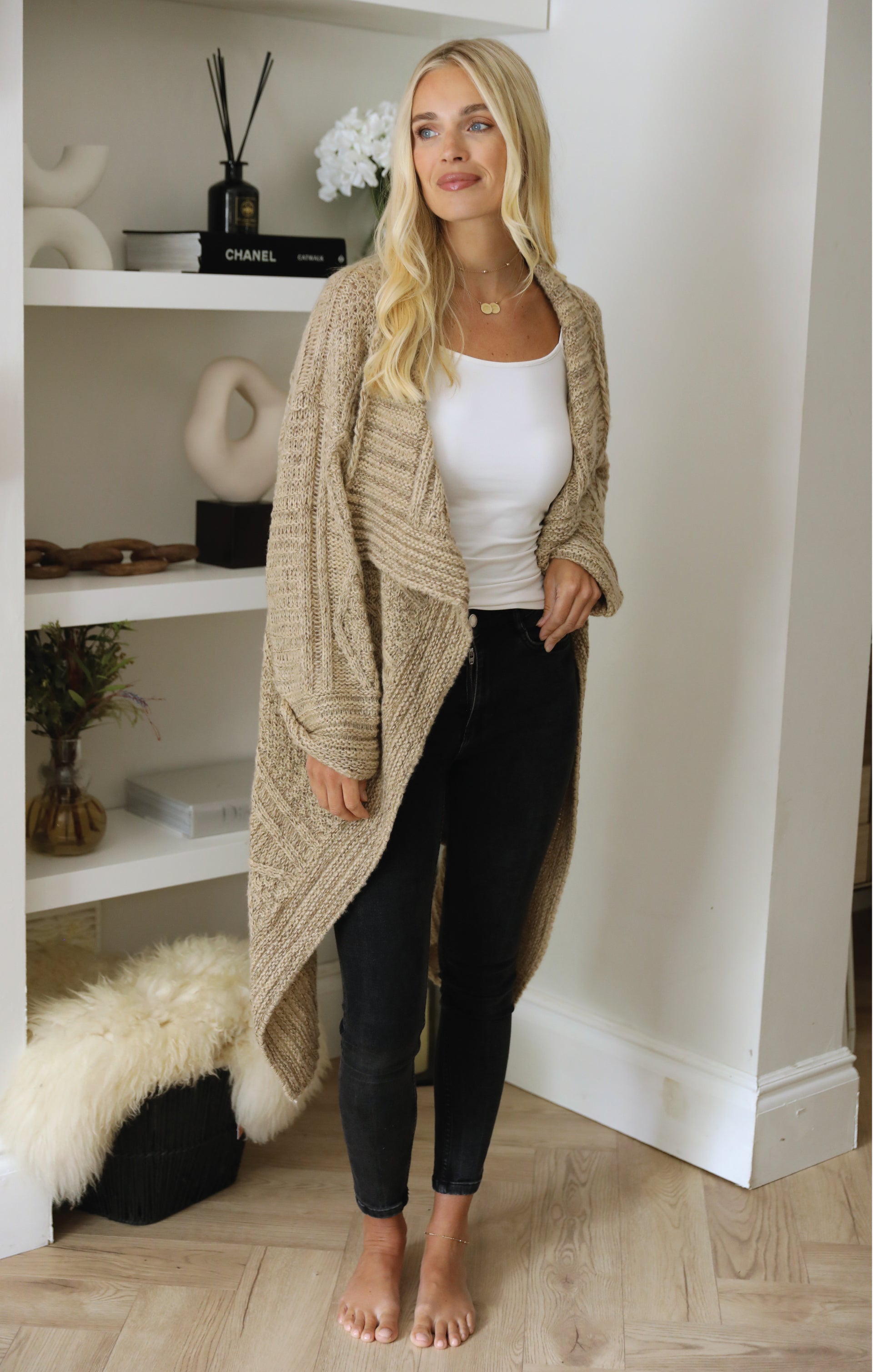 Ladies Stone Chunky Textured Waterfall Knitted Cardigan - Emma - Nova Notte