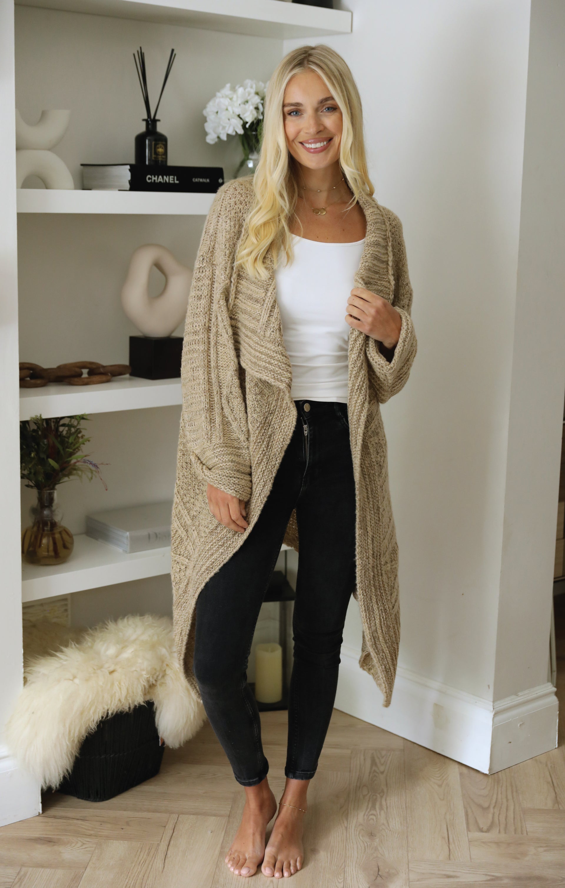 Ladies Stone Chunky Textured Waterfall Knitted Cardigan - Emma - Nova Notte