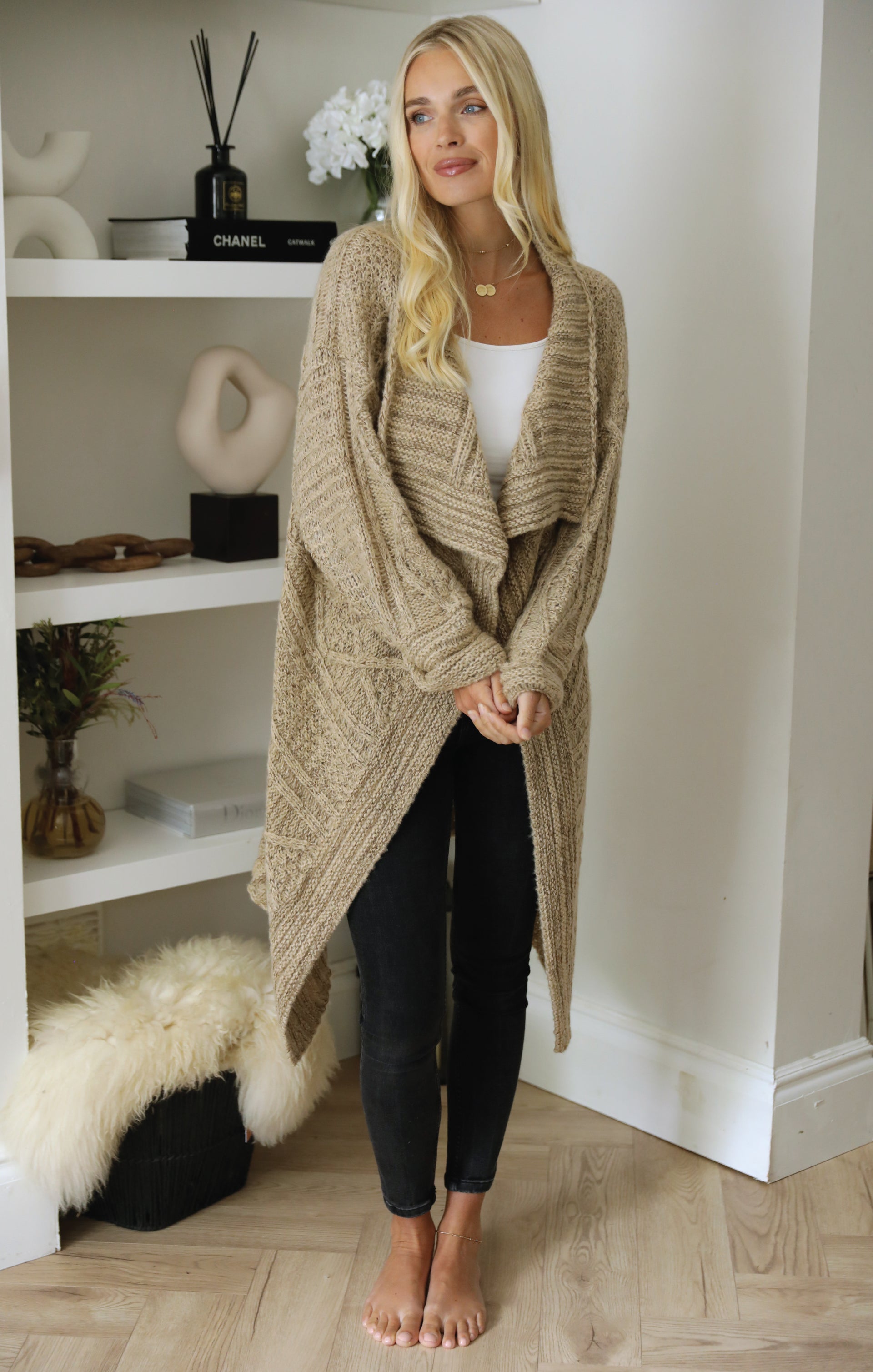 Ladies Stone Chunky Textured Waterfall Knitted Cardigan - Emma - Nova Notte