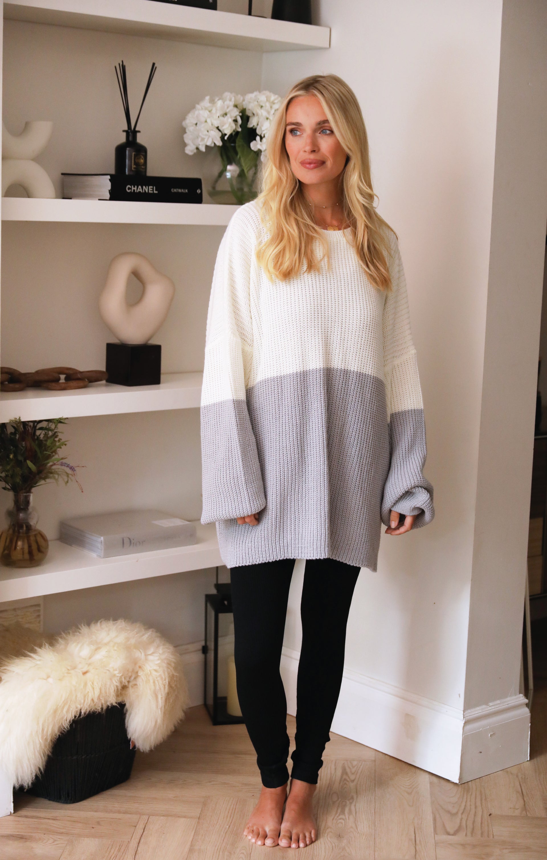 Ladies Cream & Grey Chunky Knit Two Tone Long Sleeve Oversized Jumper - Eleanor - Nova