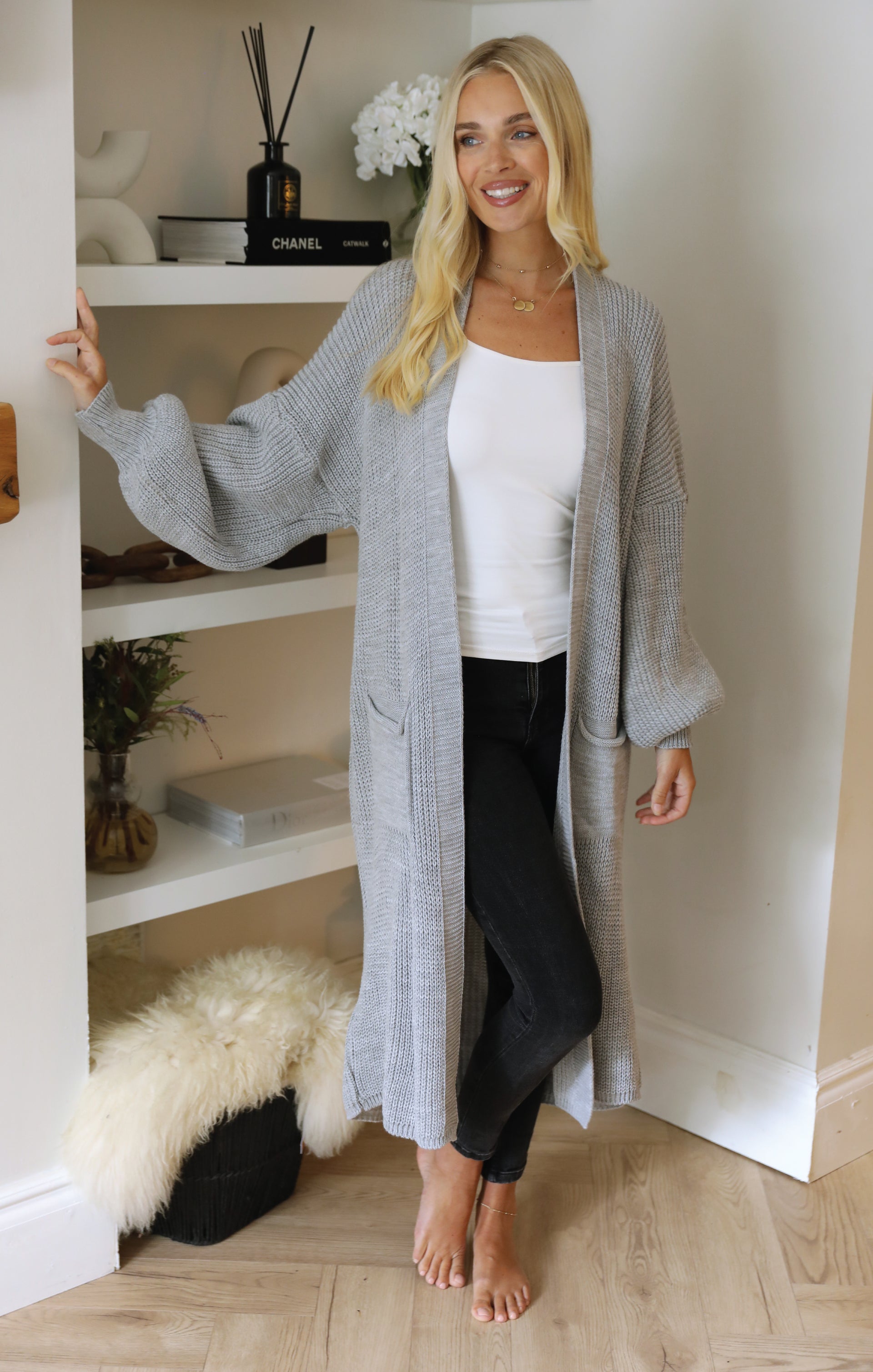 Ladies Balloon Sleeve Oversized Drape Chunky Knitted Cardigan - Olivia - Nove Notte