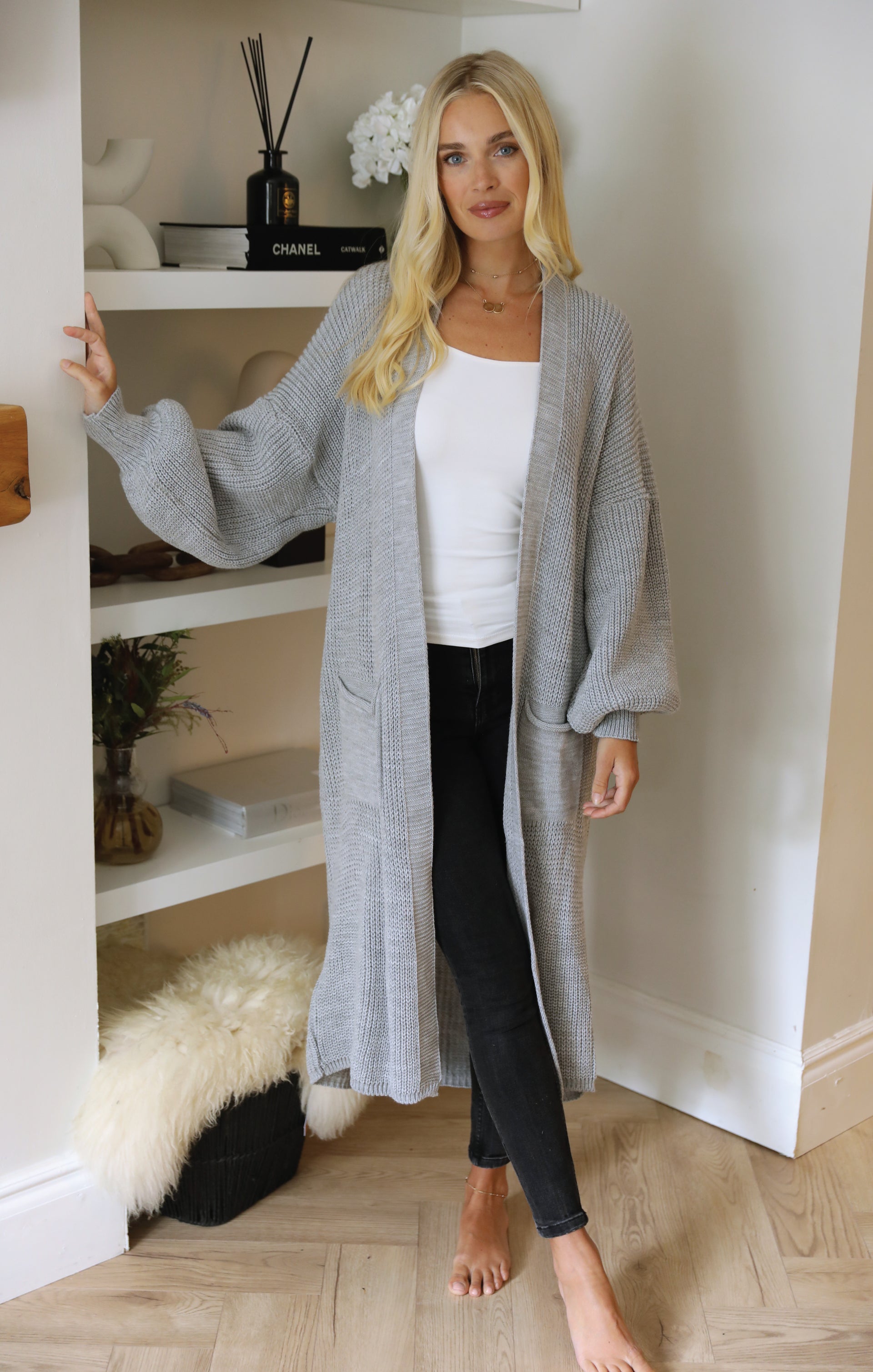 Ladies Balloon Sleeve Oversized Drape Chunky Knitted Cardigan - Olivia - Nove Notte